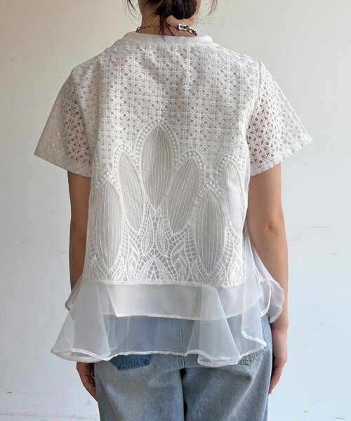 DouDou(ドゥドゥ)の「【WEB限定】レース×オーガンジーフリルプルオーバー(Tシャツ/カットソー・レディース・ブラック/オフホワイト・FREE)」の14枚目の写真
