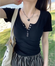 ヘンリーネック リブ 半袖Tシャツ ショート丈