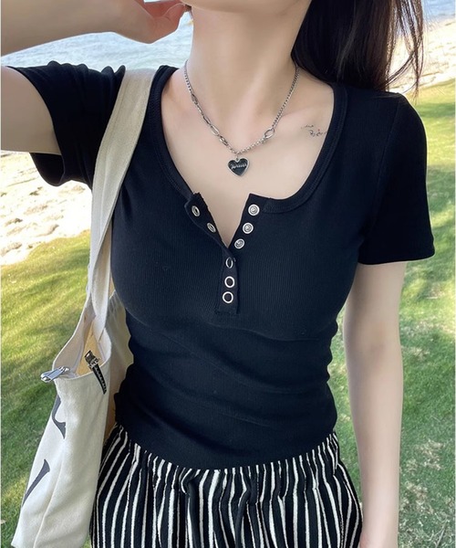 WESTSEA(ウエストシー)の「ヘンリーネック リブ 半袖Tシャツ ショート丈(Tシャツ/カットソー・レディース・ライトグレー/ブラック/ホワイト・M/L)」の1枚目の写真
