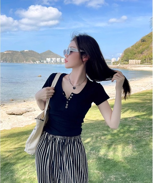 WESTSEA(ウエストシー)の「ヘンリーネック リブ 半袖Tシャツ ショート丈(Tシャツ/カットソー・レディース・ライトグレー/ブラック/ホワイト・M/L)」の13枚目の写真