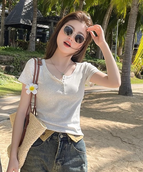WESTSEA(ウエストシー)の「ヘンリーネック リブ 半袖Tシャツ ショート丈(Tシャツ/カットソー・レディース・ライトグレー/ブラック/ホワイト・M/L)」の15枚目の写真