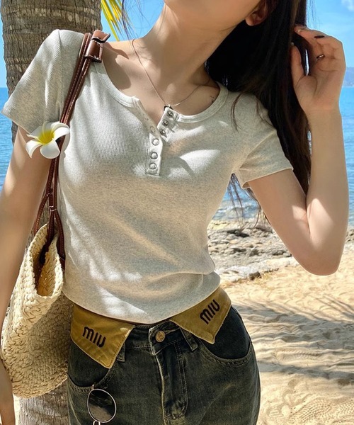 WESTSEA(ウエストシー)の「ヘンリーネック リブ 半袖Tシャツ ショート丈(Tシャツ/カットソー・レディース・ライトグレー/ブラック/ホワイト・M/L)」の16枚目の写真