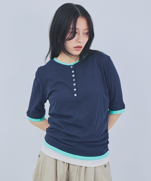 JEANASIS(ジーナシス)の「3カラーレイヤードヘンリー2P SS/1023352(Tシャツ/カットソー・レディース・ブラック系その他/ピンク系その他/ブルー系その他/ネイビー系・FREE)」の1枚目の写真