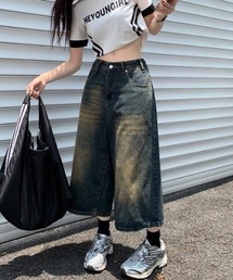 ウォッシュ加工デニムワイドハーフパンツ
