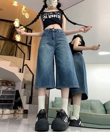 ウォッシュ加工デニムワイドハーフパンツ