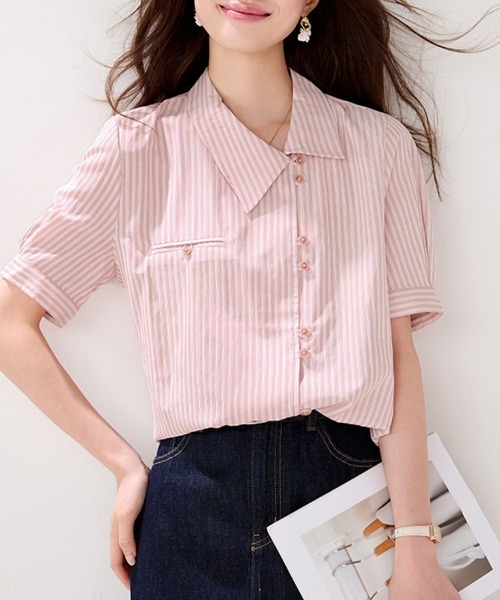 ONEP STAR(ワンピスター)の「アシンメトリー襟ストライプ半袖シャツ(シャツ/ブラウス・レディース・ピンク・MEDIUM/X-LARGE/LARGE)」の2枚目の写真