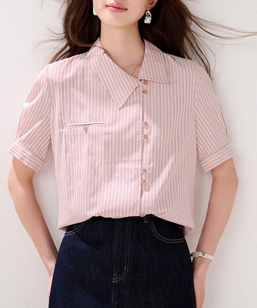 ONEP STAR(ワンピスター)の「アシンメトリー襟ストライプ半袖シャツ(シャツ/ブラウス・レディース・ピンク・MEDIUM/X-LARGE/LARGE)」の3枚目の写真