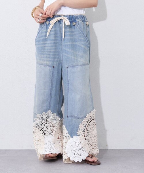 etsinta（エシンタ）の「【etsinta】リメイク裾レースデニムワイドパンツ（デニムパンツ・レディース・インディゴブルー・ONE SIZE）」の2枚目の写真