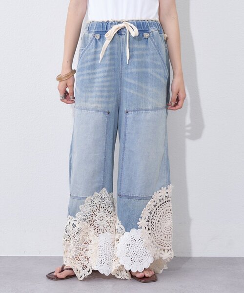 etsinta（エシンタ）の「【etsinta】リメイク裾レースデニムワイドパンツ（デニムパンツ・レディース・インディゴブルー・ONE SIZE）」の3枚目の写真