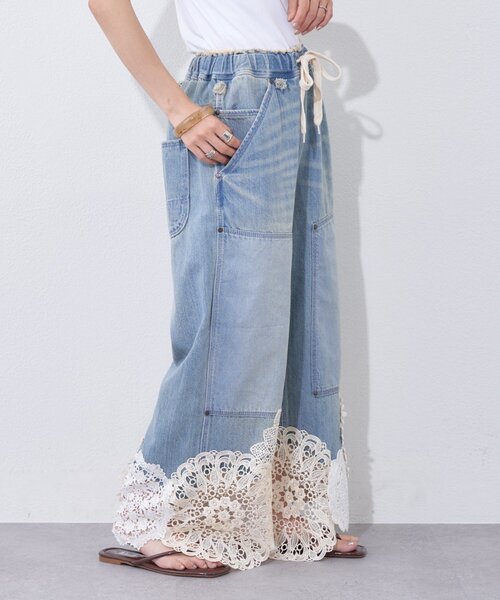 etsinta（エシンタ）の「【etsinta】リメイク裾レースデニムワイドパンツ（デニムパンツ・レディース・インディゴブルー・ONE SIZE）」の4枚目の写真