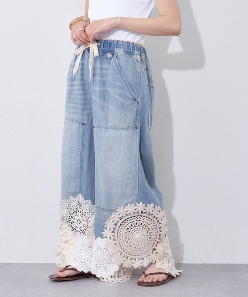 etsinta（エシンタ）の「【etsinta】リメイク裾レースデニムワイドパンツ（デニムパンツ・レディース・インディゴブルー・ONE SIZE）」の5枚目の写真