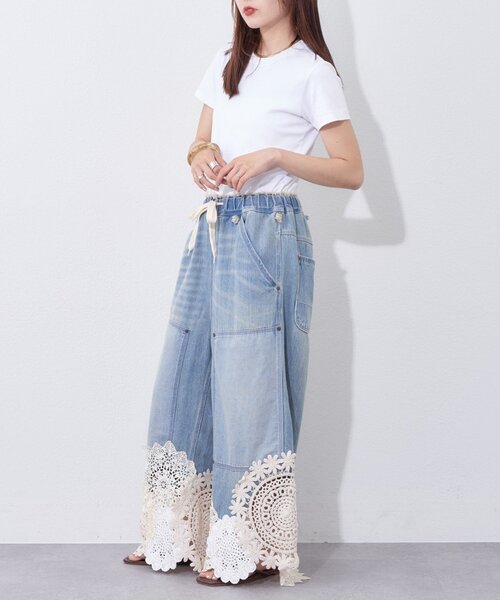 etsinta（エシンタ）の「【etsinta】リメイク裾レースデニムワイドパンツ（デニムパンツ・レディース・インディゴブルー・ONE SIZE）」の8枚目の写真