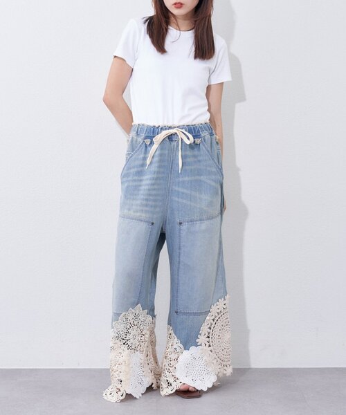 etsinta（エシンタ）の「【etsinta】リメイク裾レースデニムワイドパンツ（デニムパンツ・レディース・インディゴブルー・ONE SIZE）」の9枚目の写真