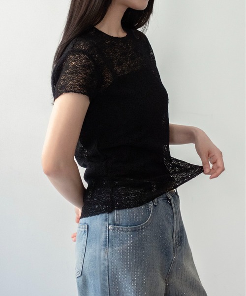 on:nue(オンニュ)の「【on:nue】カラミレース半袖サマーニット(ニット/セーター・レディース・ホワイト/ブラック/ブラウン/ベージュ・FREE)」の8枚目の写真
