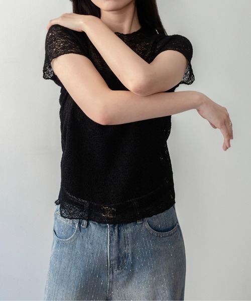 on:nue(オンニュ)の「【on:nue】カラミレース半袖サマーニット(ニット/セーター・レディース・ホワイト/ブラック/ブラウン/ベージュ・FREE)」の9枚目の写真