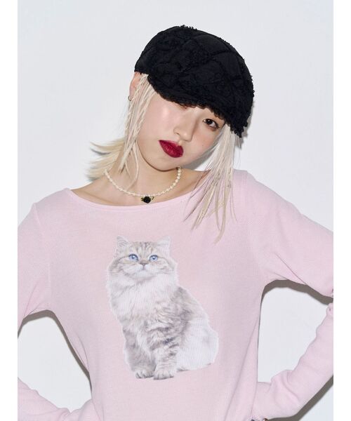 jouetie(ジュエティ)の「キャットロゴワッフルロンT(Tシャツ/カットソー・レディース・アイボリー/ブラック/ピンク・FREE)」の3枚目の写真