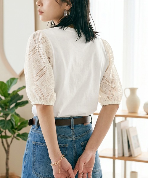 itto...(イット)の「袖レースパフスリーブトップス(Tシャツ/カットソー・レディース・オフホワイト/ブラック・M)」の4枚目の写真