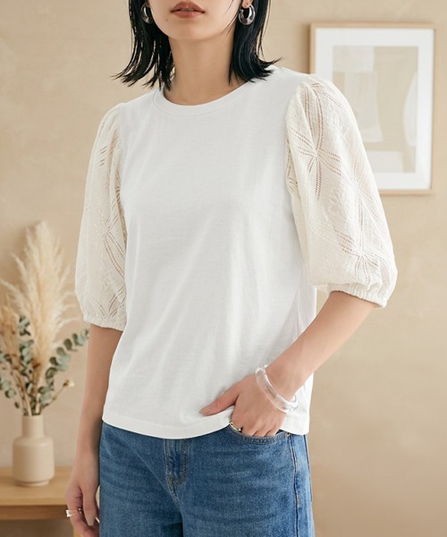 itto...(イット)の「袖レースパフスリーブトップス(Tシャツ/カットソー・レディース・オフホワイト/ブラック・M)」の7枚目の写真