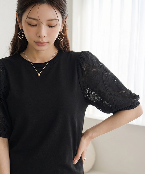 itto...(イット)の「袖レースパフスリーブトップス(Tシャツ/カットソー・レディース・オフホワイト/ブラック・M)」の14枚目の写真