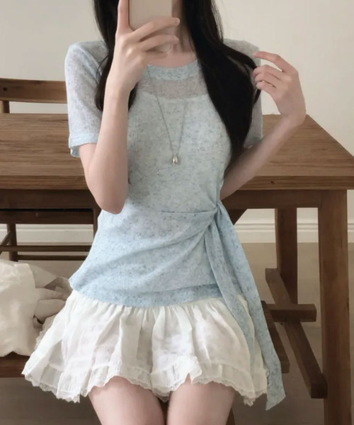 VIVID LADY(ビビッドレディー)の「ウエストリボンニットxキャミソール トップス2点セット(アンサンブル・レディース・グレー/アイボリー/ライトブルー/グリーン・FREE)」の6枚目の写真