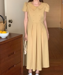 ピーターパンカラー パフスリーブ ダブルボタン ウエストリボン ロングワンピース