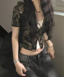 【26年春夏新作】迷彩柄 ダブルジップ ショート丈半袖パーカー
