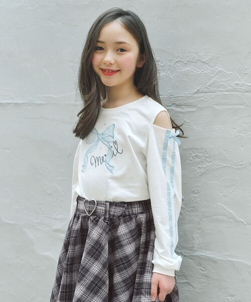 肩開きライン入り リボン長袖Tシャツ（Tシャツ/カットソー）｜ANY