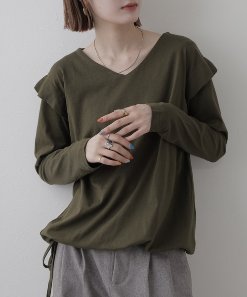 FUNALIVE(ファンアライブ)の「ショルダータックカットソー 長袖(Tシャツ/カットソー・レディース・チャコールグレー/オフホワイト/グレイッシュベージュ/ブラック/カーキ・M~L/LL~3L)」の11枚目の写真