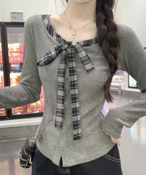WESTSEA(ウエストシー)の「チェック柄 リボン付き リブカーディガン 長袖トップス(Tシャツ/カットソー・レディース・ブラウン/グレー・M/L)」の1枚目の写真