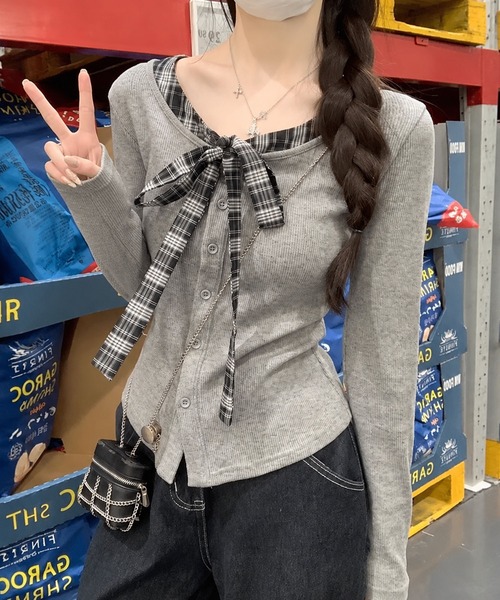 WESTSEA(ウエストシー)の「チェック柄 リボン付き リブカーディガン 長袖トップス(Tシャツ/カットソー・レディース・ブラウン/グレー・M/L)」の5枚目の写真