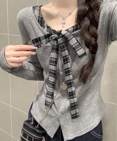 WESTSEA(ウエストシー)の「チェック柄 リボン付き リブカーディガン 長袖トップス(Tシャツ/カットソー・レディース・ブラウン/グレー・M/L)」の7枚目の写真