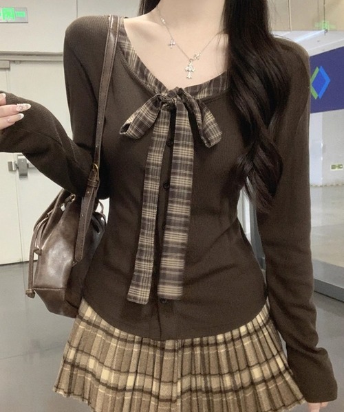 WESTSEA(ウエストシー)の「チェック柄 リボン付き リブカーディガン 長袖トップス(Tシャツ/カットソー・レディース・ブラウン/グレー・M/L)」の8枚目の写真