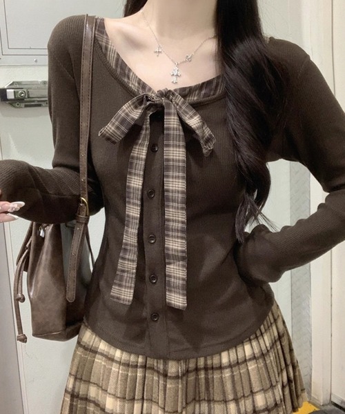 WESTSEA(ウエストシー)の「チェック柄 リボン付き リブカーディガン 長袖トップス(Tシャツ/カットソー・レディース・ブラウン/グレー・M/L)」の9枚目の写真