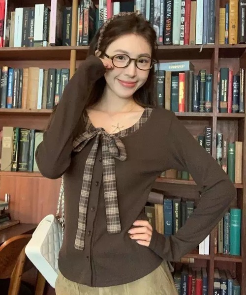WESTSEA(ウエストシー)の「チェック柄 リボン付き リブカーディガン 長袖トップス(Tシャツ/カットソー・レディース・ブラウン/グレー・M/L)」の12枚目の写真