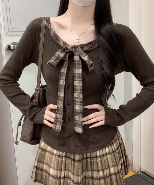 WESTSEA(ウエストシー)の「チェック柄 リボン付き リブカーディガン 長袖トップス(Tシャツ/カットソー・レディース・ブラウン/グレー・M/L)」の10枚目の写真