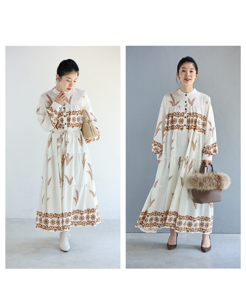 cawaii(カワイイ)の「ミモザリーフの刺繍風プリントロングワンピース(紐ベルト付き)(ワンピース・レディース・アイボリー/ブルー・FREE)」の17枚目の写真