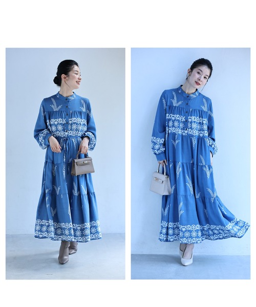 cawaii(カワイイ)の「ミモザリーフの刺繍風プリントロングワンピース(紐ベルト付き)(ワンピース・レディース・アイボリー/ブルー・FREE)」の9枚目の写真