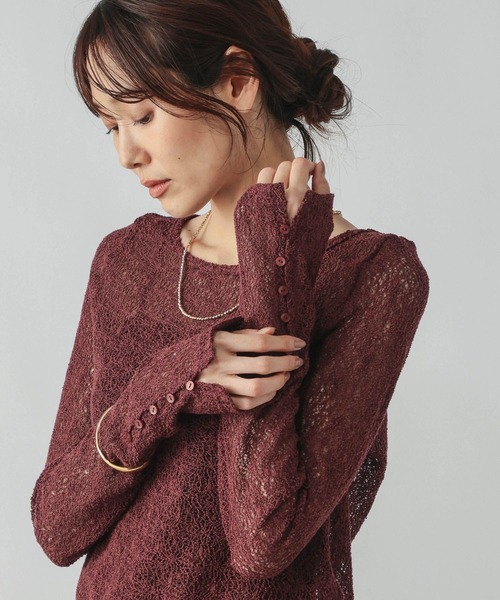 GLOBAL WORK(グローバルワーク)の「ラッセルレース袖ボタンプルオーバー/1054145(Tシャツ/カットソー・レディース・ボルドー/オフホワイト/ブラック・LARGE/MEDIUM)」の3枚目の写真