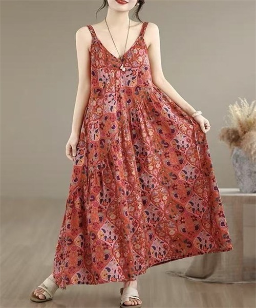 Dream garden(ドリームガーデン)の「ウエストリボン総柄キャミワンピース 前後2WAYキャミワンピース(ワンピース・レディース・アイボリー系/グリーン系/オレンジ系/その他1/その他・FREE)」の4枚目の写真