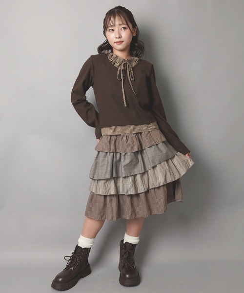 SPINNS(スピンズ)の「レイヤード風長袖カットソー/チェックブラウス/NEO森ガール(Tシャツ/カットソー・レディース・ブラウン/ネイビー/アイボリー・ONESIZE)」の7枚目の写真