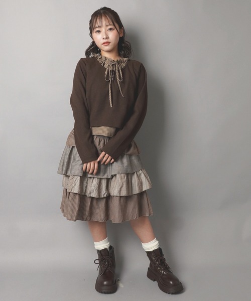 SPINNS(スピンズ)の「レイヤード風長袖カットソー/チェックブラウス/NEO森ガール(Tシャツ/カットソー・レディース・ブラウン/ネイビー/アイボリー・ONESIZE)」の8枚目の写真