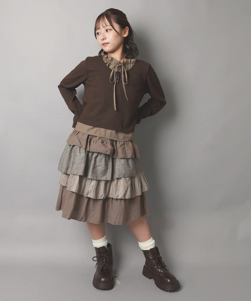 SPINNS(スピンズ)の「レイヤード風長袖カットソー/チェックブラウス/NEO森ガール(Tシャツ/カットソー・レディース・ブラウン/ネイビー/アイボリー・ONESIZE)」の9枚目の写真