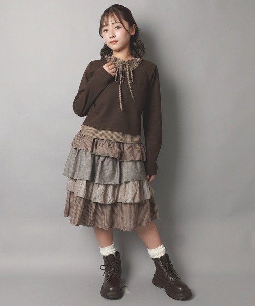 SPINNS(スピンズ)の「レイヤード風長袖カットソー/チェックブラウス/NEO森ガール(Tシャツ/カットソー・レディース・ブラウン/ネイビー/アイボリー・ONESIZE)」の10枚目の写真