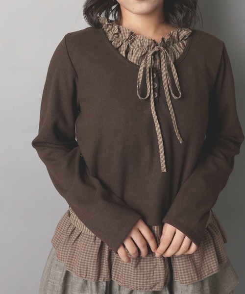 SPINNS(スピンズ)の「レイヤード風長袖カットソー/チェックブラウス/NEO森ガール(Tシャツ/カットソー・レディース・ブラウン/ネイビー/アイボリー・ONESIZE)」の4枚目の写真
