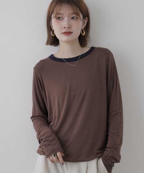 Arinomama(アリノママ)の「Arinomama 薄手シアー バイカラーリバーシブル ロンT(Tシャツ/カットソー・レディース・ブラウン系その他/グレー系その他/ホワイト×ブラウン/ブラック×ホワイト・FREE)」の4枚目の写真