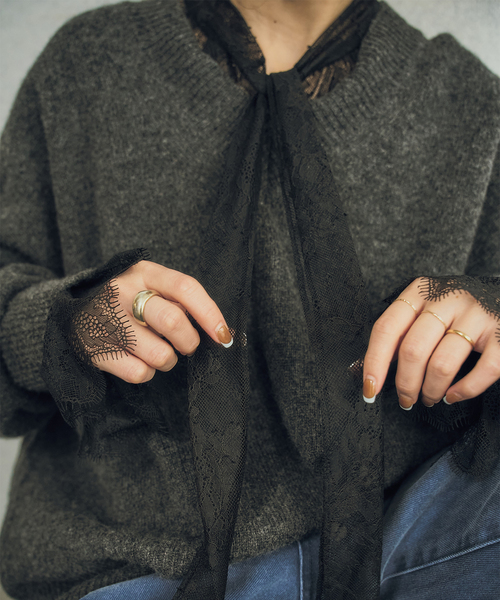 Spick & Span(スピックアンドスパン)の「《40周年 / 》40th ラッセルレースボウタイブラウス(シャツ/ブラウス・レディース・ブラック/ベージュ・FREE)」の4枚目の写真