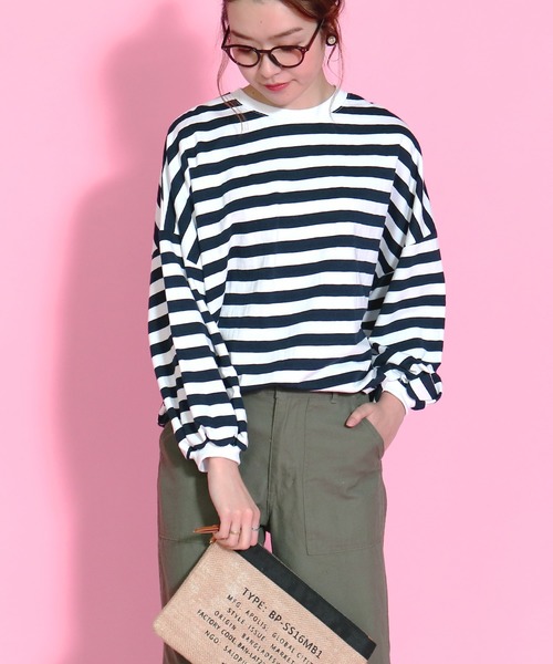 reca（レカ）の「ボリューム袖 ボーダーカットソー（Tシャツ/カットソー・レディース・ブラック/ピンク/ネイビー・FREE）」の2枚目の写真
