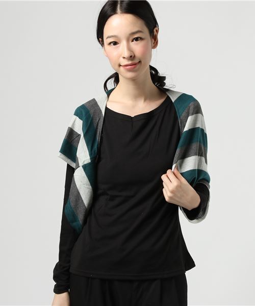 STYLEBLOCK(スタイルブロック)の「レイヤードボーダードレープカットソー(Tシャツ/カットソー・レディース・ブラック/レッド/ブラウン/パープル/グリーン・L/M/XL/XXL/XXX-LARGE)」の3枚目の写真