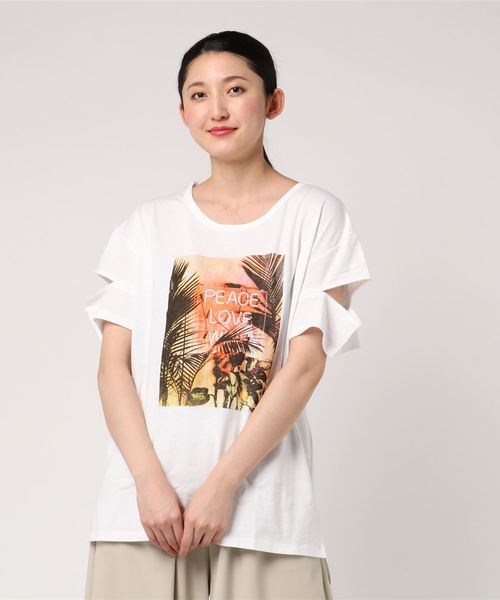 VENCEEXCHANGE(ヴァンスエクスチェンジ)の「プリントスリーブスリットTシャツ(Tシャツ/カットソー・レディース・ブラック/オフホワイト/ブルー・M)」の2枚目の写真