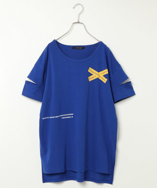 VENCEEXCHANGE(ヴァンスエクスチェンジ)の「プリントスリーブスリットTシャツ(Tシャツ/カットソー・レディース・ブラック/オフホワイト/ブルー・M)」の1枚目の写真